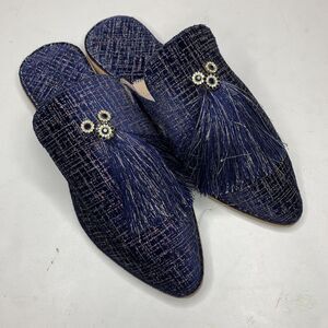 Moroccan Navy Blue Metallic Leather Slippers Shoes Babouches Women’s SZ 7.5 NEW